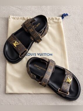Louis Vuitton Brown Monogram Sandals with Black Footbed and Gold Hardware